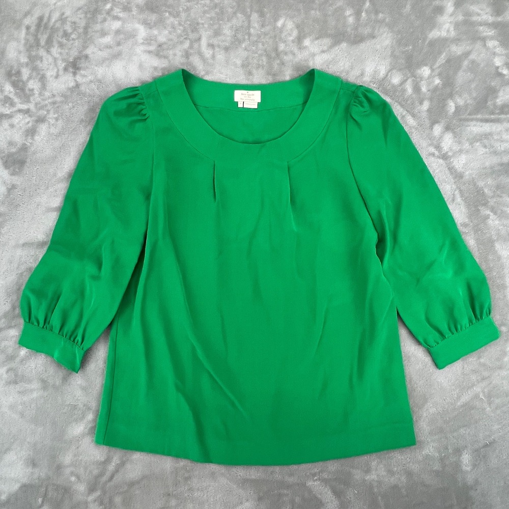 Kate Spade New York Green 100% Silk Pleated Scoop Neck Blouse 3/4 Sleeve Small